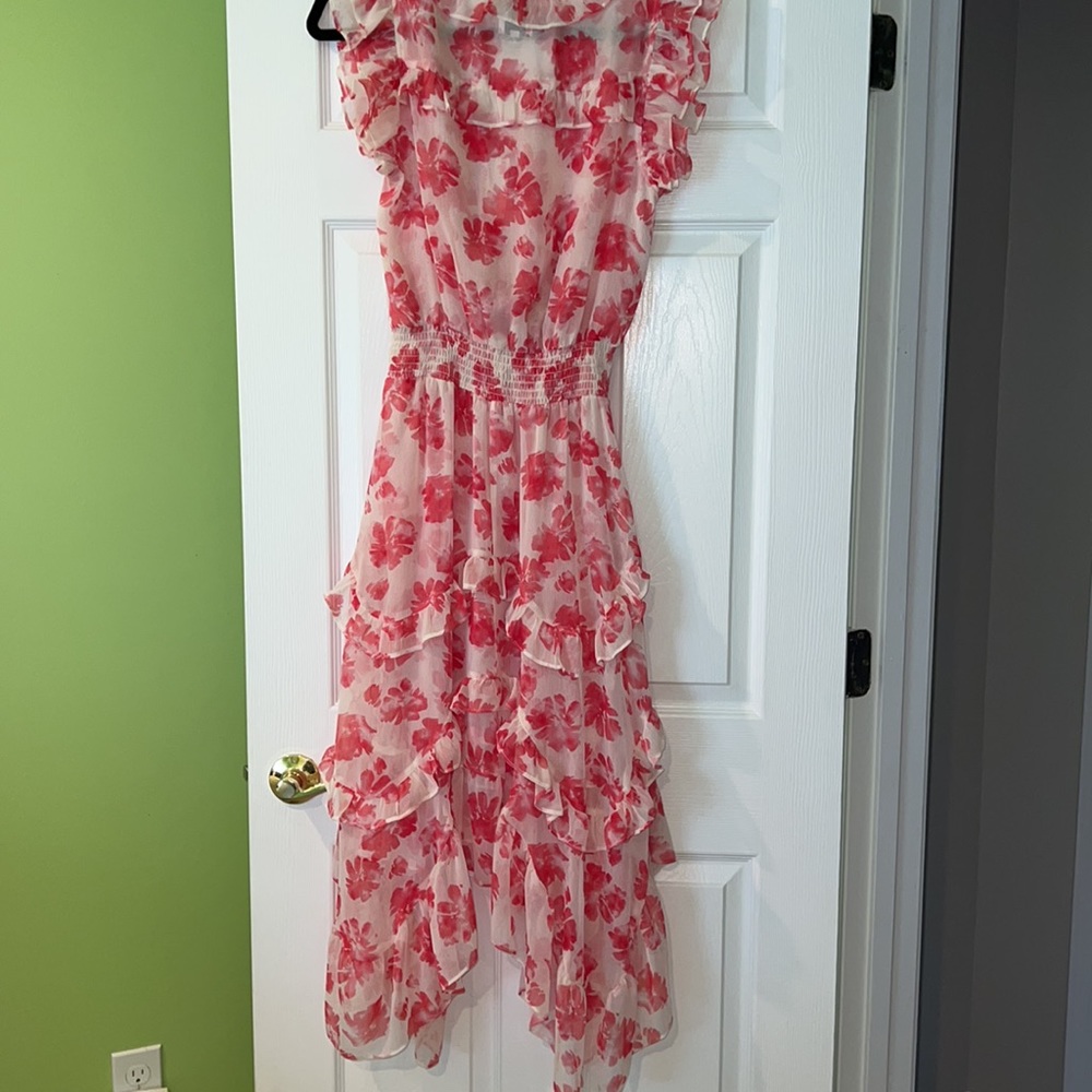 Misa Los Angeles Pink and Red Floral Asymmetrical Ruffle Dress - Picture 4 of 8